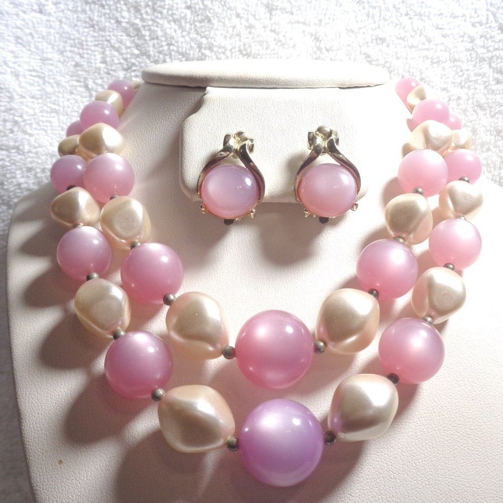 Double Strand Pink  Moonglow & Pearl Necklace Set